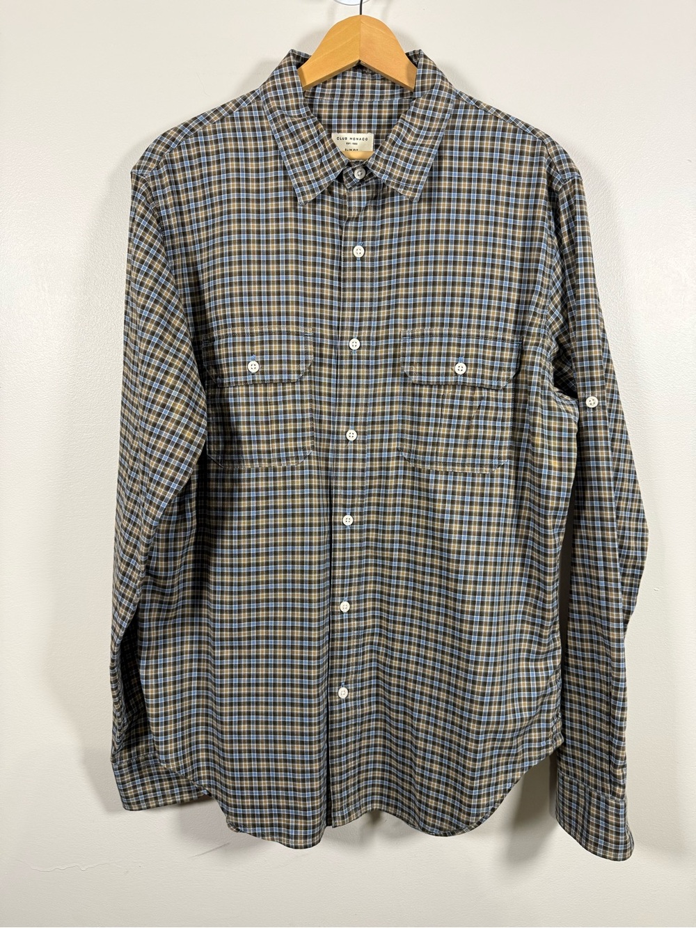 Club Monaco Men's Blue and Brown Plaid Button-Down Shirt